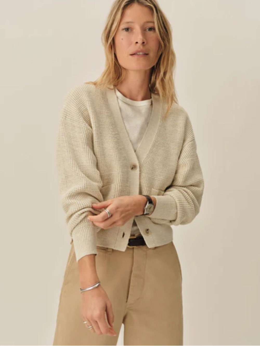 Buck Mason NWT Seafarer Cotton Cropped Cardigan Marled Sand Ivory Size XL - Picture 3 of 15
